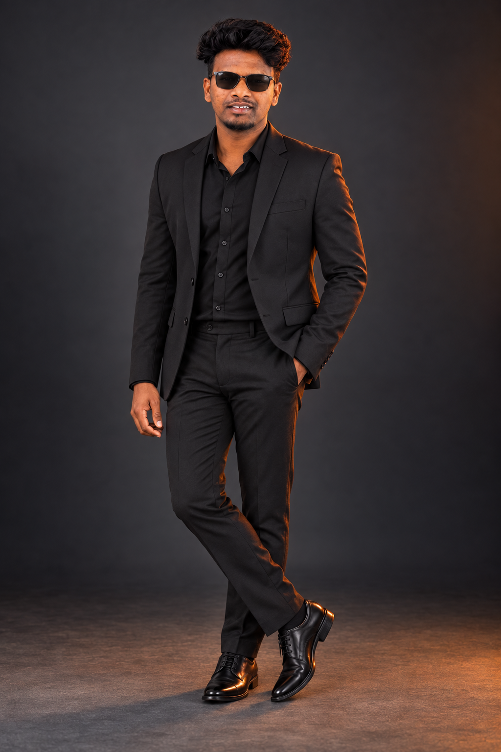 Murali Dhurvasan in a relaxed pose, wearing a black professional suit and black sunglasses